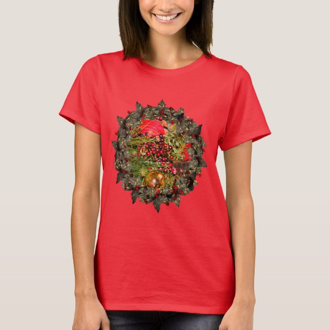 Holly Wreath Weihnachtsfeiertag T-Shirt (Vorderseite)
