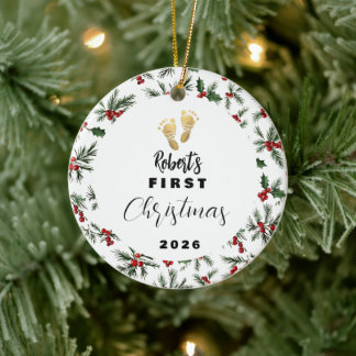 Hollybeeren Golden Fußabdruck Baby Erstes Weihnach Keramik Ornament