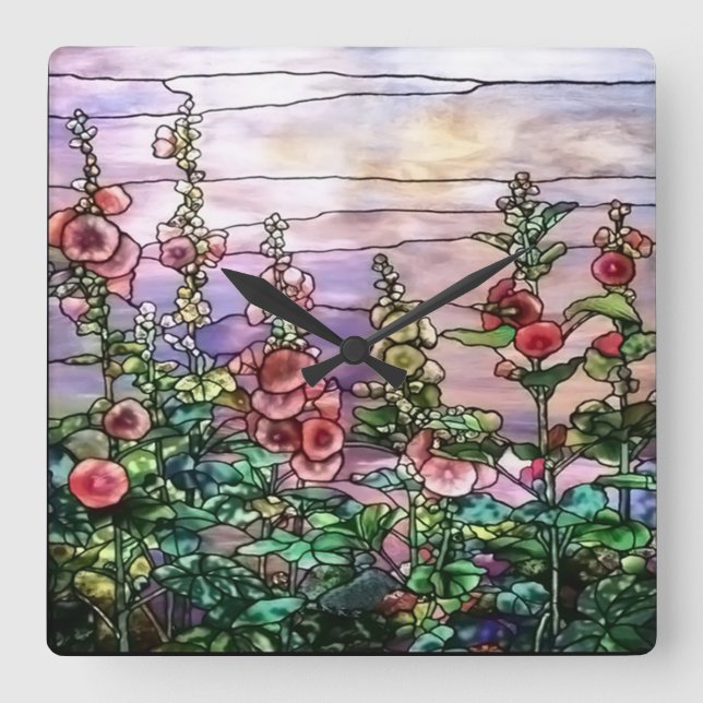 Hollyhocks Vintag Floral Tiffany Hartglas Quadratische Wanduhr (Vorderseite)