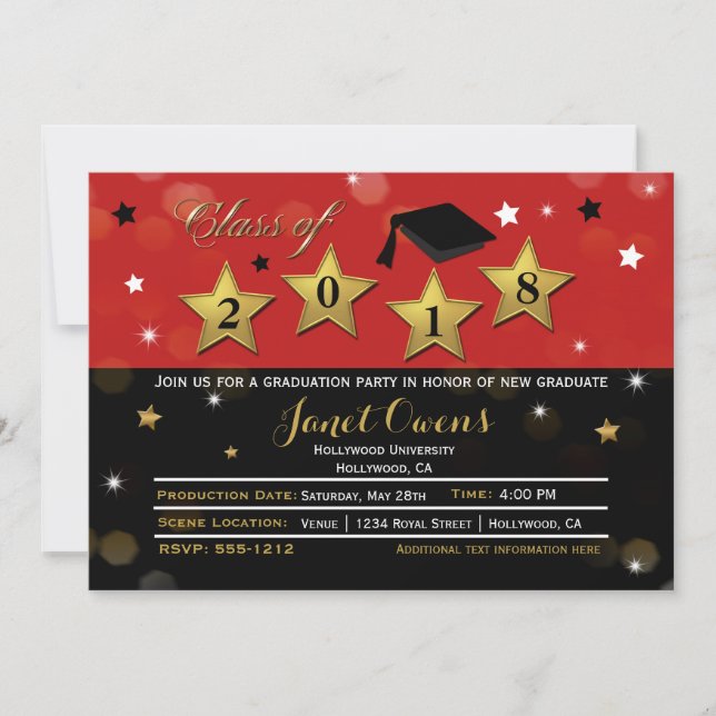 HOLLYWOOD ABSCHLUSS Graduate Red Gold Einladung (Vorderseite)