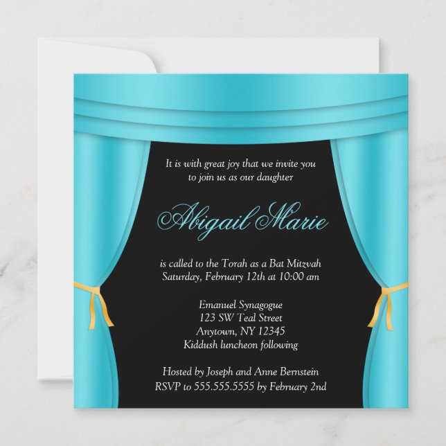 Hollywood Aquamarin Blue Vorhang Bat Mitzvah Squar Einladung (Vorderseite)