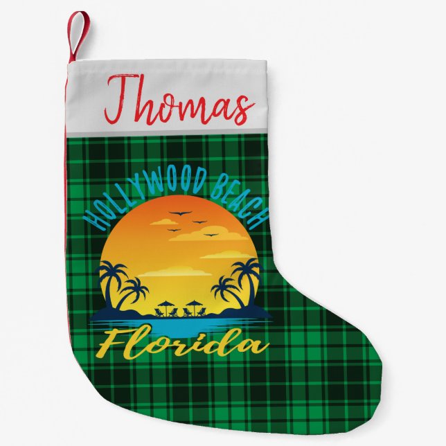 Hollywood Beach Florida Retro Sunset Green Kariert Kleiner Weihnachtsstrumpf (Vorderseite)