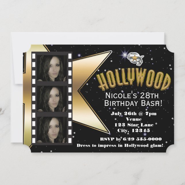 Hollywood Black & Gold 3 Foto Einladung zum Geburt (Vorderseite)