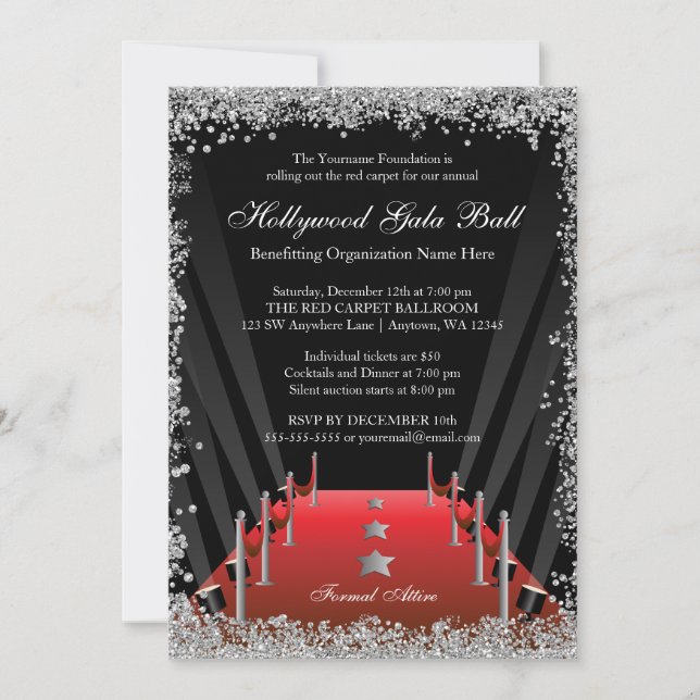 Hollywood Gala Ball Red Carpet Silberner Glitzer Einladung (Vorderseite)