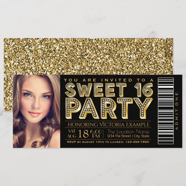 Hollywood Glam Sweet 16 Ticket Black and Gold Einladung (Vorne/Hinten)