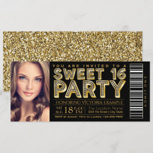 Hollywood Glam Sweet 16 Ticket Black and Gold Einladung