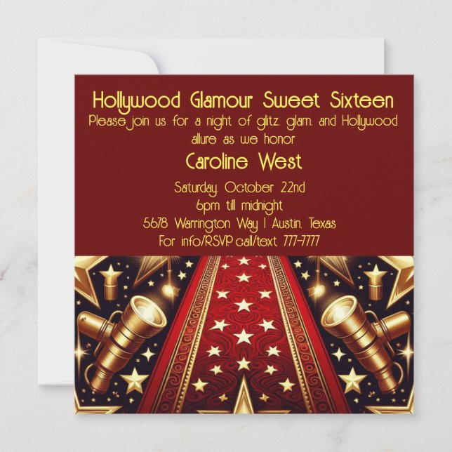 Hollywood Glamour 16 . Geburtstag Einladung (Vorderseite)