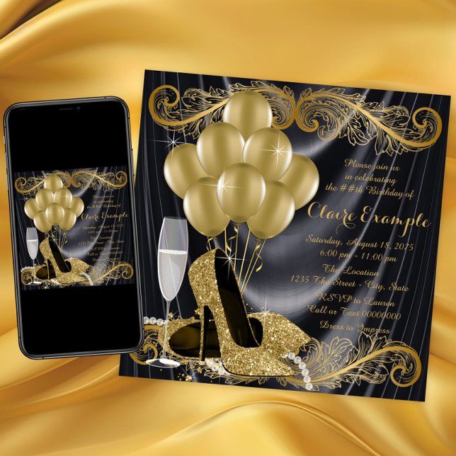 Hollywood Glamour Einladung (Black gold high heel shoe birthday party invitation with gold shoes, balloons, pearls on satin back.)