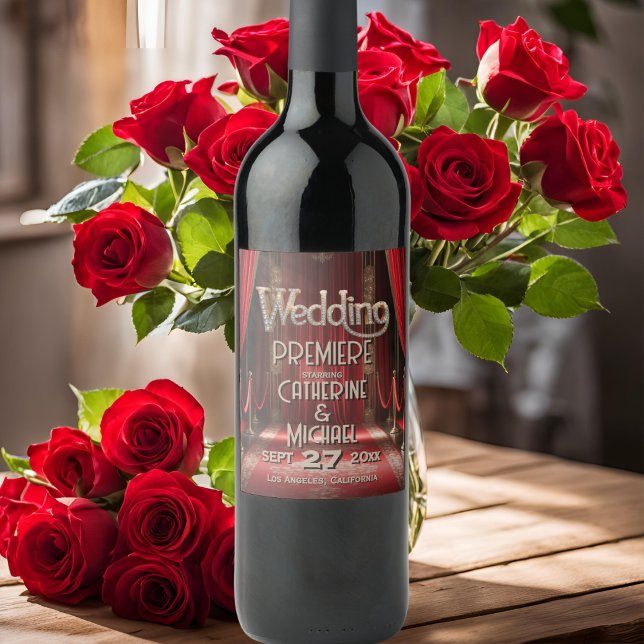 Hollywood Movie Red Carpet Premiere Wedding Weinetikett (Front view paparazzi flash vintage silver screen glam – Red Carpet Wedding Wine Label)