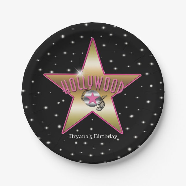 Hollywood Pink & Gold Star Black Birthday Party Pappteller (Vorderseite)