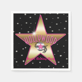 Hollywood Pink & Gold Star Black Birthday Party Serviette