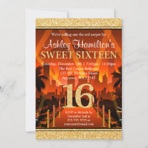 Hollywood Red Carpet City Gold Glitter Sweet 16 Einladung