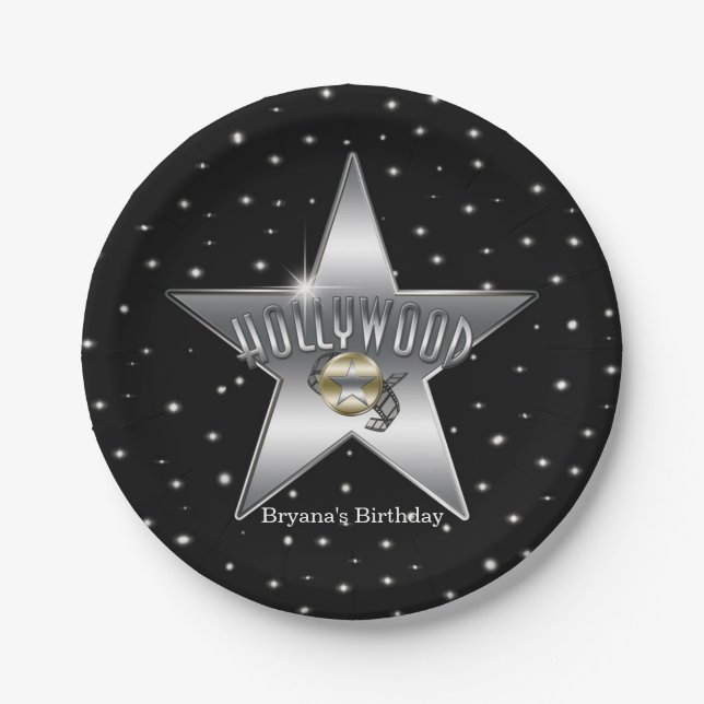 Hollywood Silver Star Black Birthday Party Pappteller (Vorderseite)