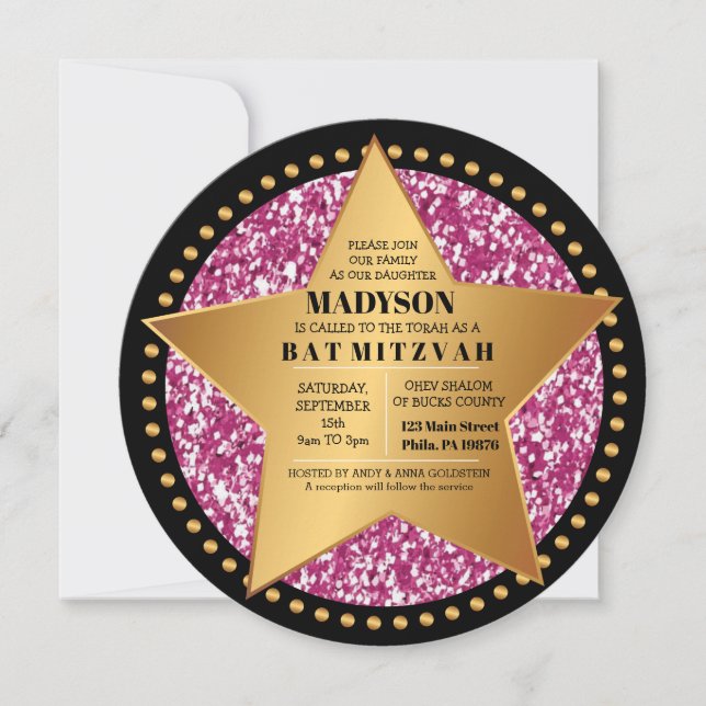 HOLLYWOOD STAR Pink Bar Bat Mitzvah Einladung (Vorderseite)