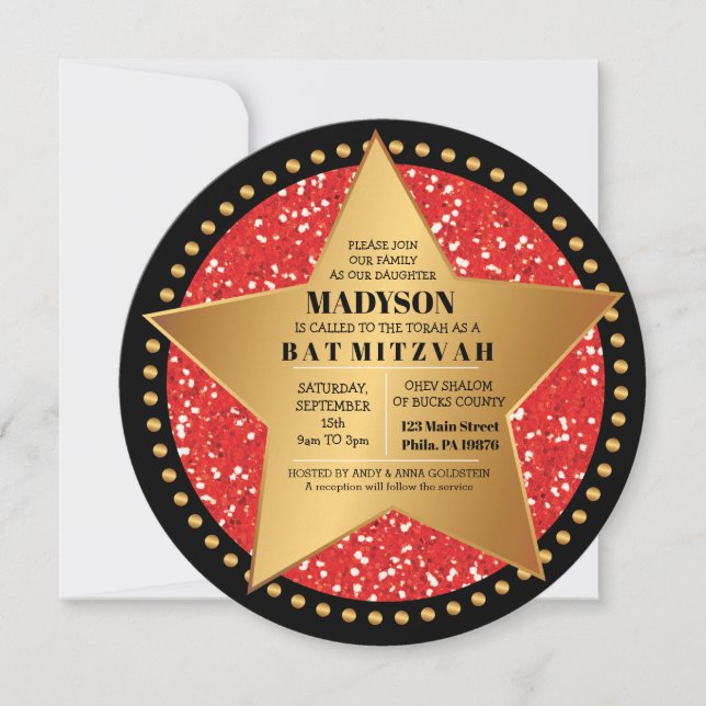 HOLLYWOOD STAR Red Bar Bat mitzvah Invitation (Devant)