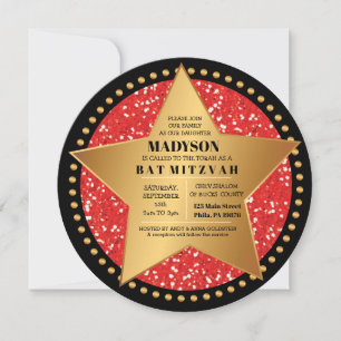 HOLLYWOOD STAR Red Bar Bat mitzvah Invitation