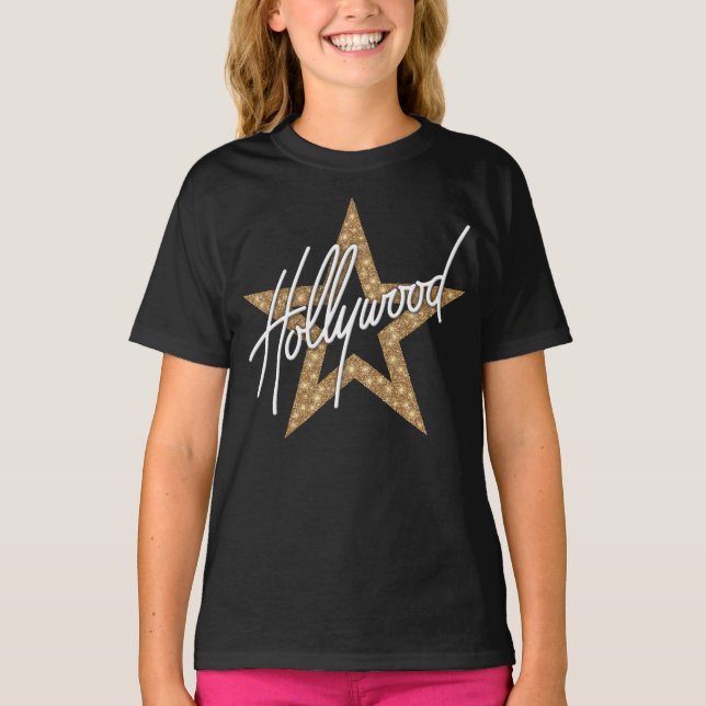 Hollywood White Hand Script mit Star T-Shirt (Vorderseite)