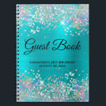 Holo Glitter Blue Turquoise 21st Bday Guestbook Notizblock<br><div class="desc">Create your own guest book for her 21st birthday party celebration in this blank notebook.
Girly faux sparkly,  pastel holographic colored glitter on the top and bottom edge,  over a faux bright blue turquoise ombre foil.
You can customize the font style and size as needed.</div>