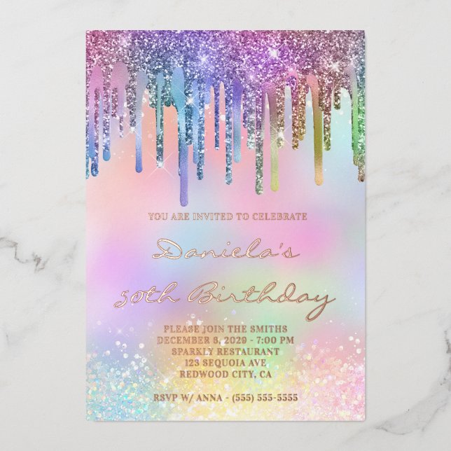 Holo Glitter Rainbow Drips 50th Birthday Folieneinladung (Vorderseite)