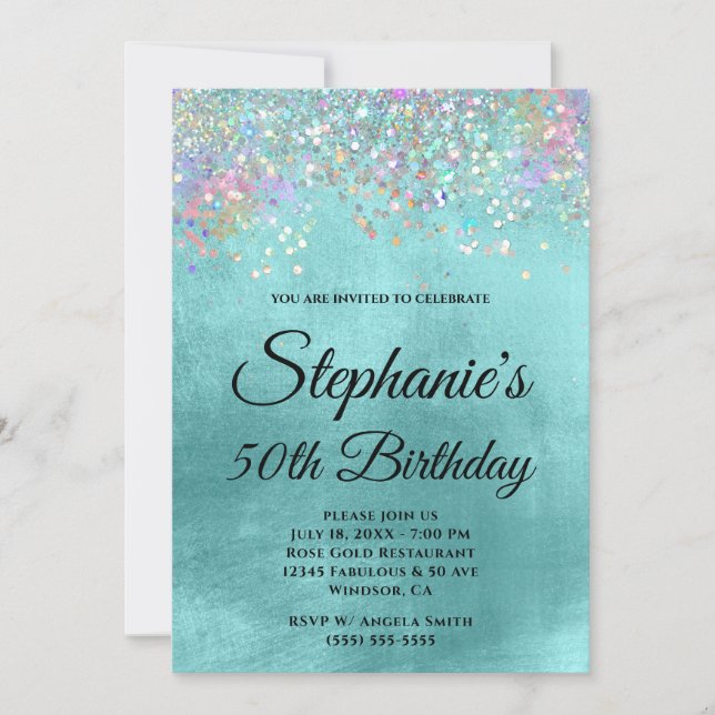 Holo Glitzer Pale Aqua Blue Foil Extravagante Mono Einladung (Vorderseite)