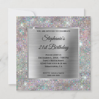 Holo Silver Diamond Studded Foil 21. Geburtstag Einladung
