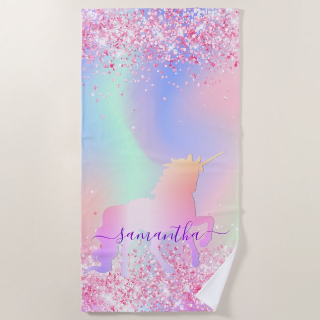 Holografin mit lila Namen in Rosa Strandtuch (Vorderseite)