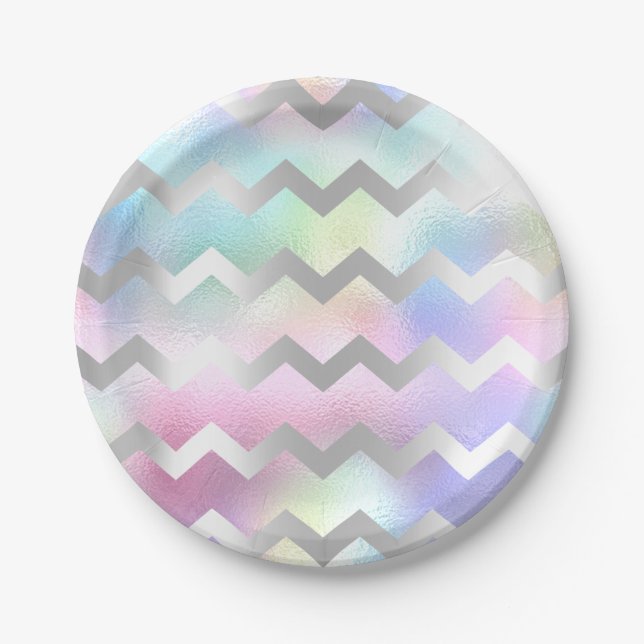 Holografisch Pink Blue Unicoron Rainbow Zickzack Pappteller (Vorderseite)