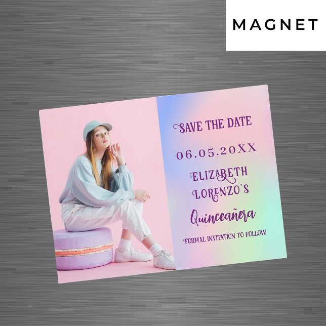 Holografisch rosa Foto Quinceanera Save the Date Magnetkarte (Von Creator hochgeladen)