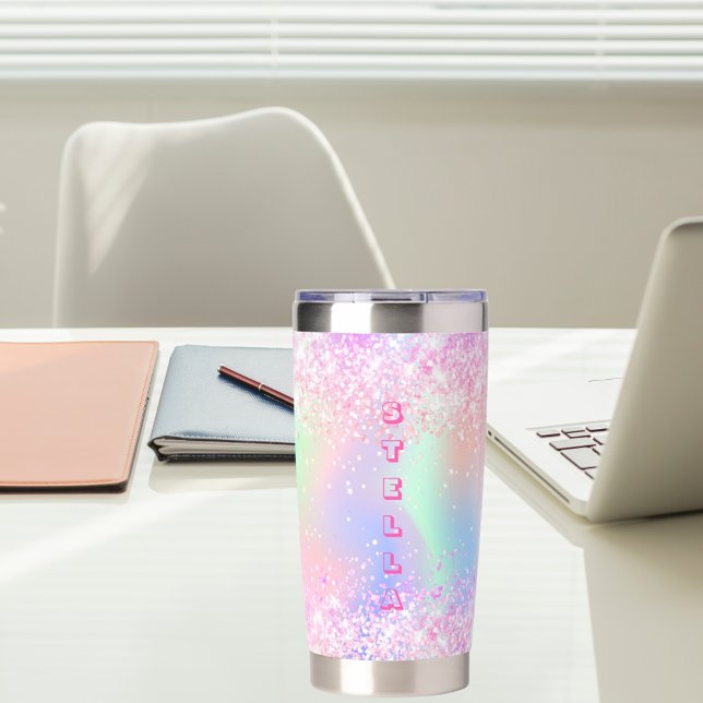 Holografisch rosa Glitzer individuelle Name Girl Thermobecher (Von Creator hochgeladen)