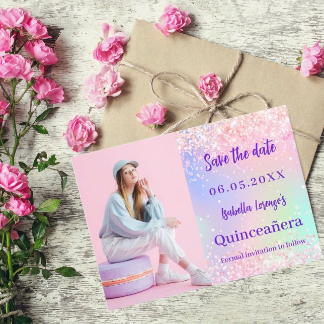 Holografisch rosa lila Foto Quinceanera Save The Date (Von Creator hochgeladen)
