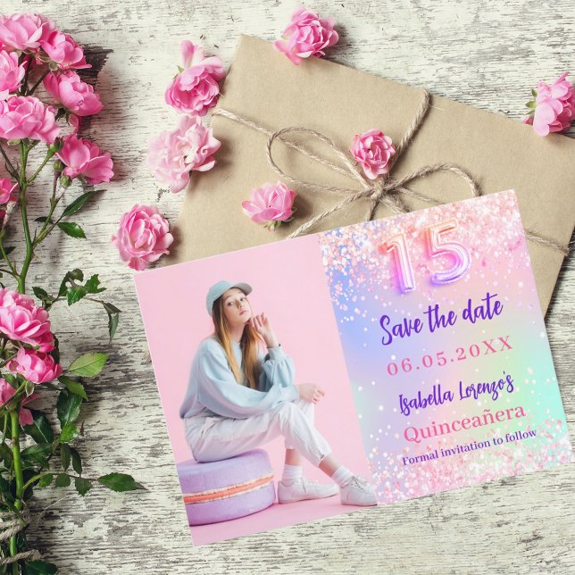 Holografisch rosa lila Foto Quinceanera Save The Date (Von Creator hochgeladen)