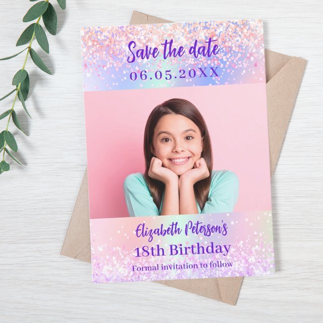 Holografisch rosa lila Foto Quinceanera Save The Date (Von Creator hochgeladen)