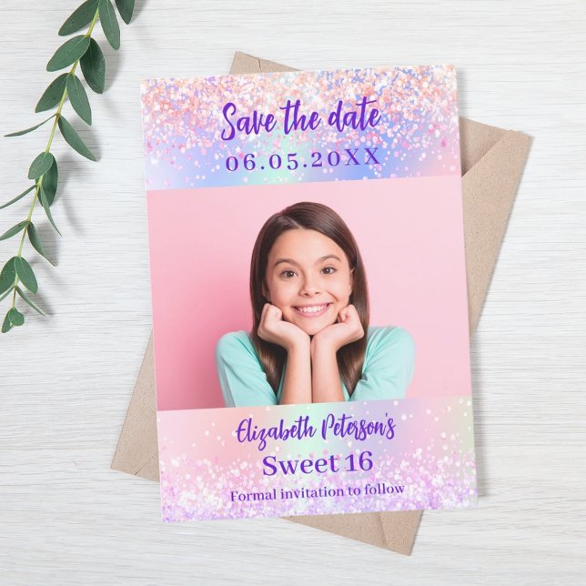 Holografisch rosa lila Foto Sweet 16 Save The Date (Von Creator hochgeladen)