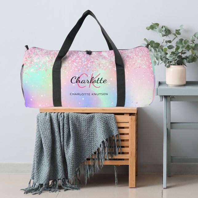 Holografisch rosa lila Monogrammbezeichnung Duffle Bag (Von Creator hochgeladen)