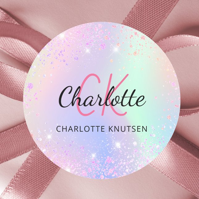 Holografisch rosa lila Monogrammbezeichnung Runder Aufkleber (Von Creator hochgeladen)