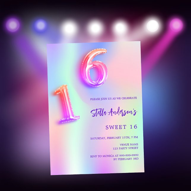 Holografisch rosa lila Neon Sweet 16 Einladung (Von Creator hochgeladen)
