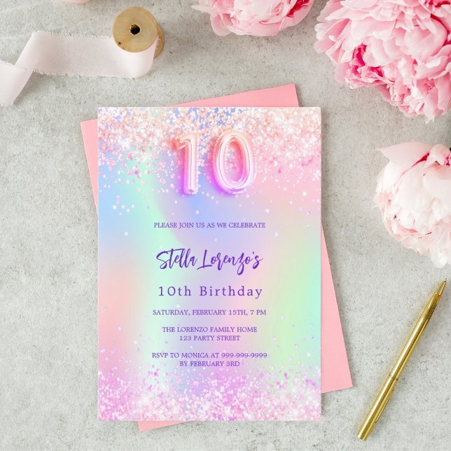 Holografisch rosa lila Tropfen 10. Geburtstag Einladung (Von Creator hochgeladen)