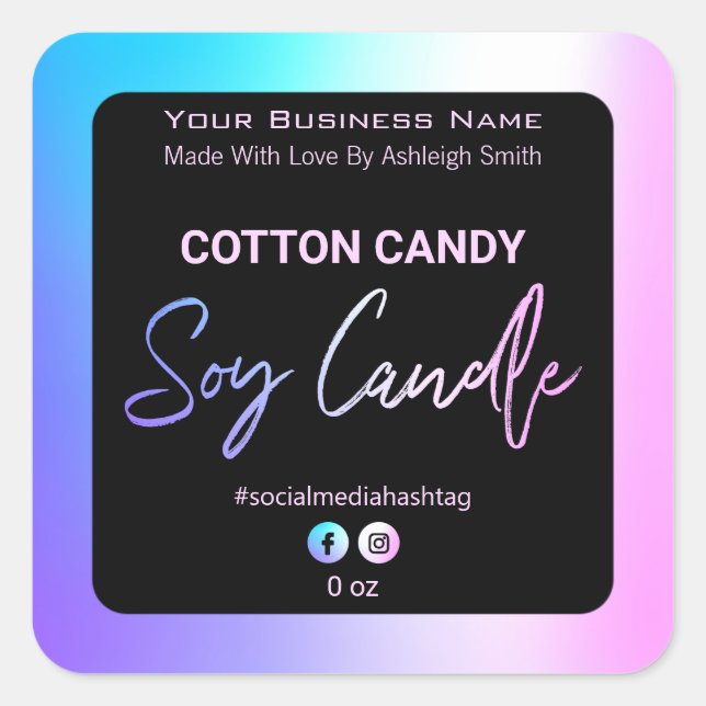 Holografische Cotton Candy Soy Candle Labels Quadratischer Aufkleber (Vorderseite)