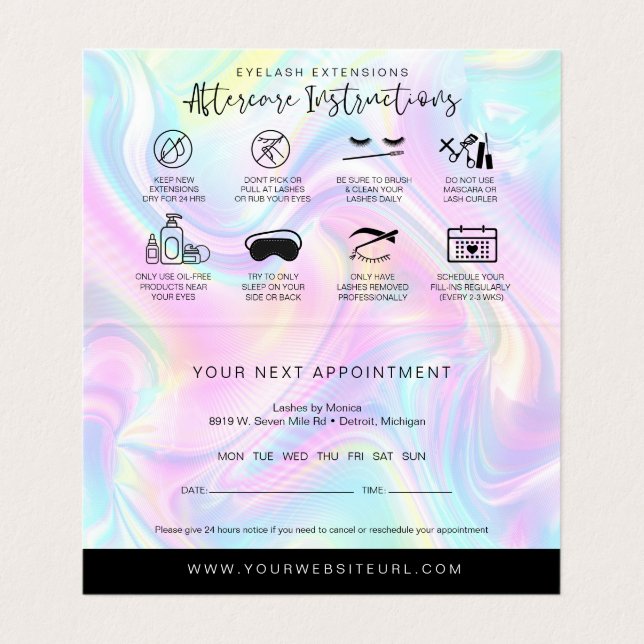 Holografische Lash Aftercare & Appointment-Erinner Visitenkarten (Innenseite Aufgefaltet)