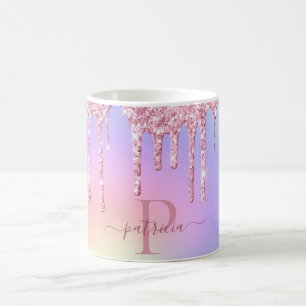 Holografische rosa Glitter-Tropfen Elegantes Monog Kaffeetasse