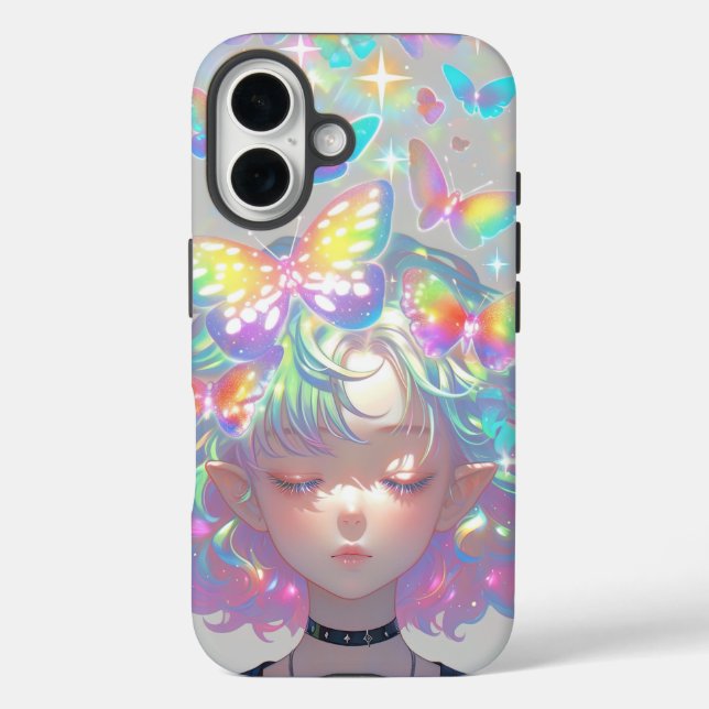 Holografische Schmetterlinge — Kawaii Elf Daydream iPhone 16 Hülle (Rückseite)