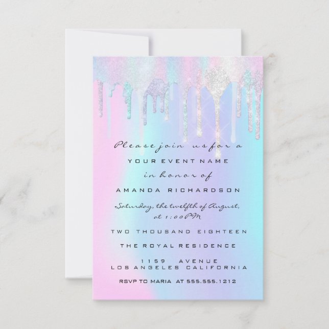 Holografische Tropfen Rosa Einhorn Süß 16. Meerjun Einladung (Vorderseite)