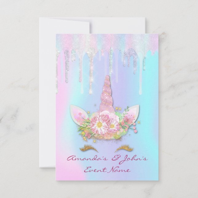 Holografische Tropfen Unicorn Party Sweet 15. Meer Einladung (Rückseite)