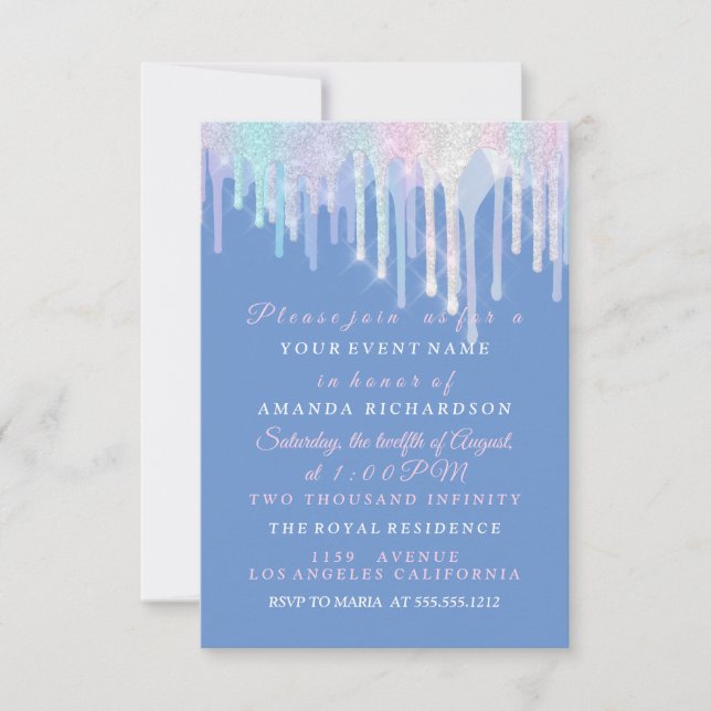 Holografische Tropfen Unicorn Pink Blue Quinceaner Einladung (Vorderseite)