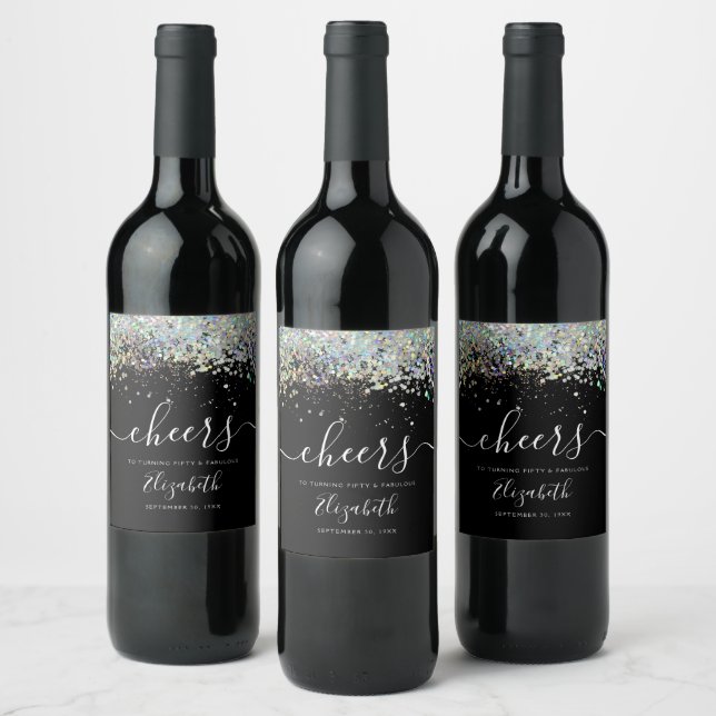 Holografischer Glitzer Cheers Fifty Fabulous Gebur Weinetikett (Flaschen)