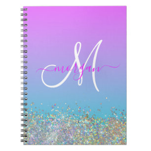 Holografischer Glitzer Lila Blue Ombre Monogram Notizblock