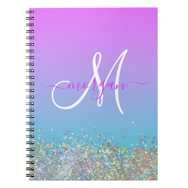Holografischer Glitzer Lila Blue Ombre Monogram Notizblock (Vorderseite)