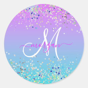 Holografischer Glitzer Lila Blue Ombre Monogram Runder Aufkleber