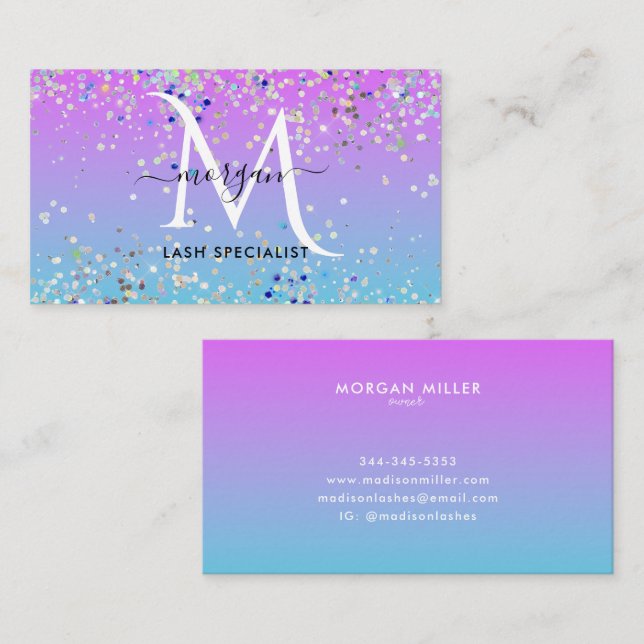 Holografischer Glitzer Lila Blue Ombre Monogram Visitenkarte (Vorne/Hinten)