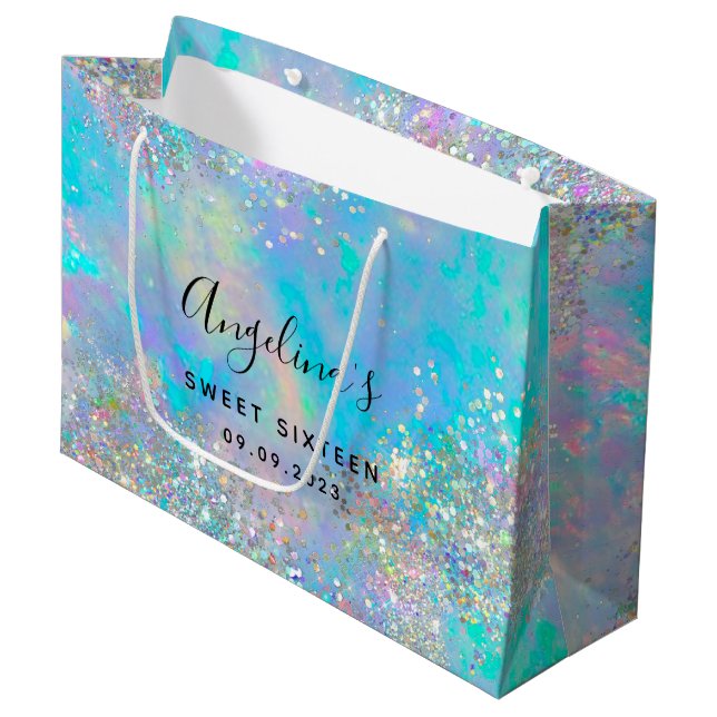 Holografischer Glitzer Opal 16 . Geburtstag Große Geschenktüte (Vorderseite Schrägansicht)